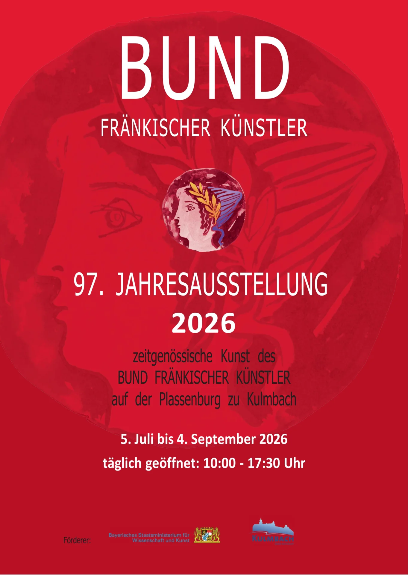 Flyer zur Jahresausstellung Bund fränkischer Künstler 2026 auf der Plassenburg Kulmbach – 5. Juli bis 4. September 2026 – täglich geöffnet von 10:00 bis 17:30 Uhr